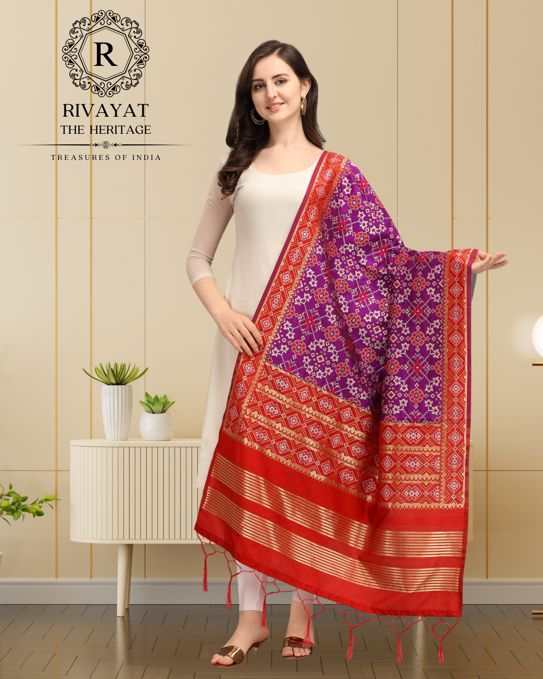 Navdurga Traditional Patola Silk Dupatta - Red and Purple