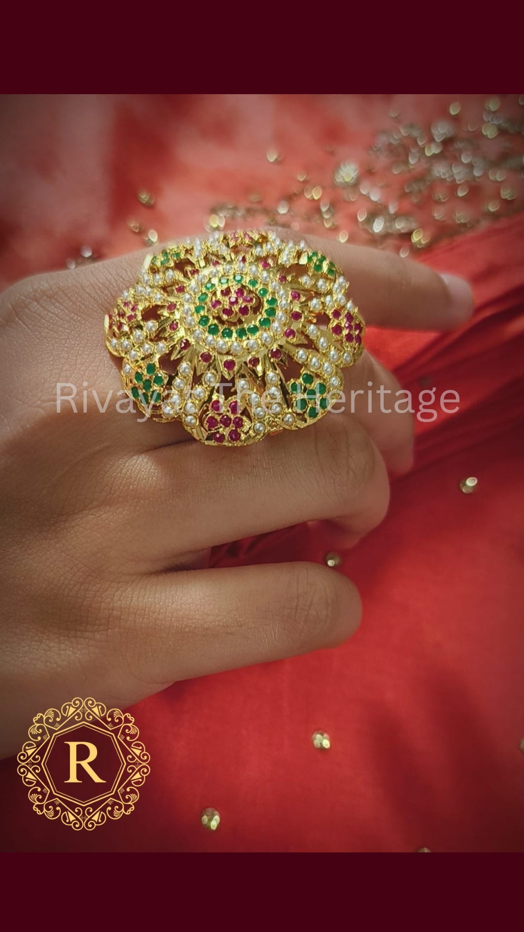 Manika Royal Jadau Gemstone Ring | Handcrafted 24K Gold Plated | Ruby Emerald Pearl | Authentic Indian Heritage Jewelry