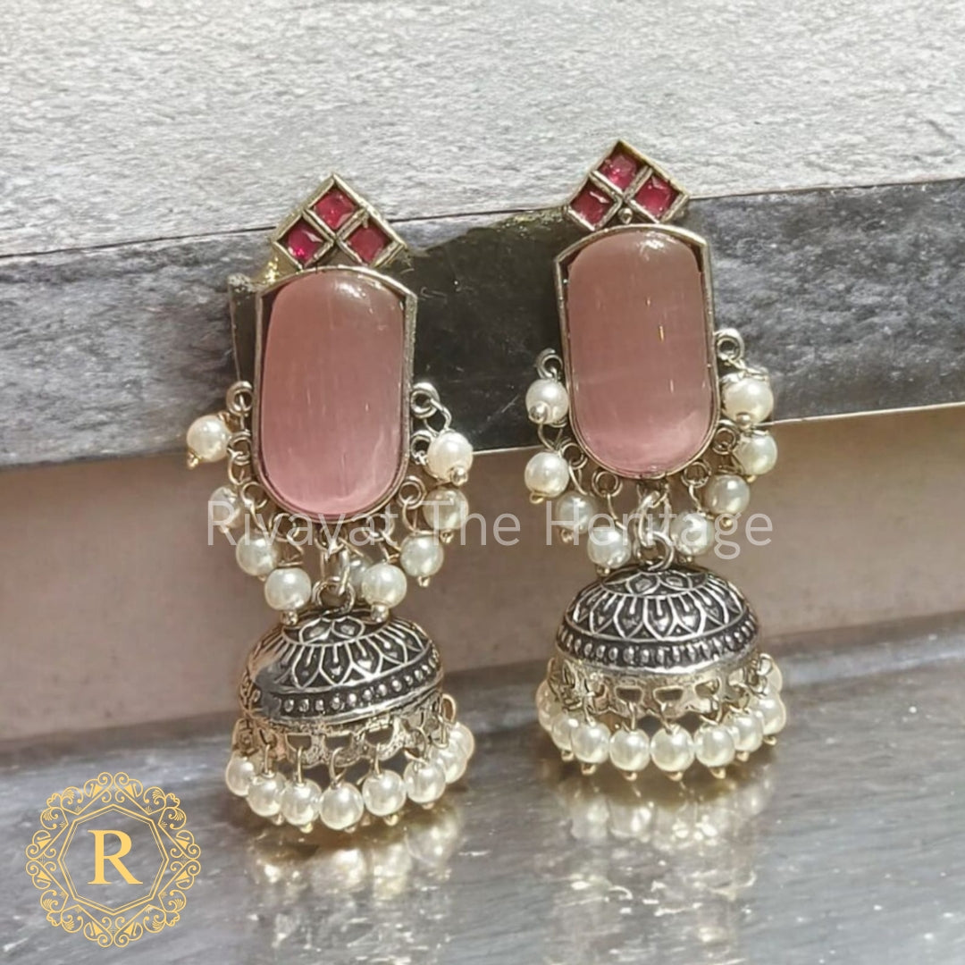 Rose Pink Stone Jhumki Earrings with Pearl Drops – Noor Edition by Rivayat
