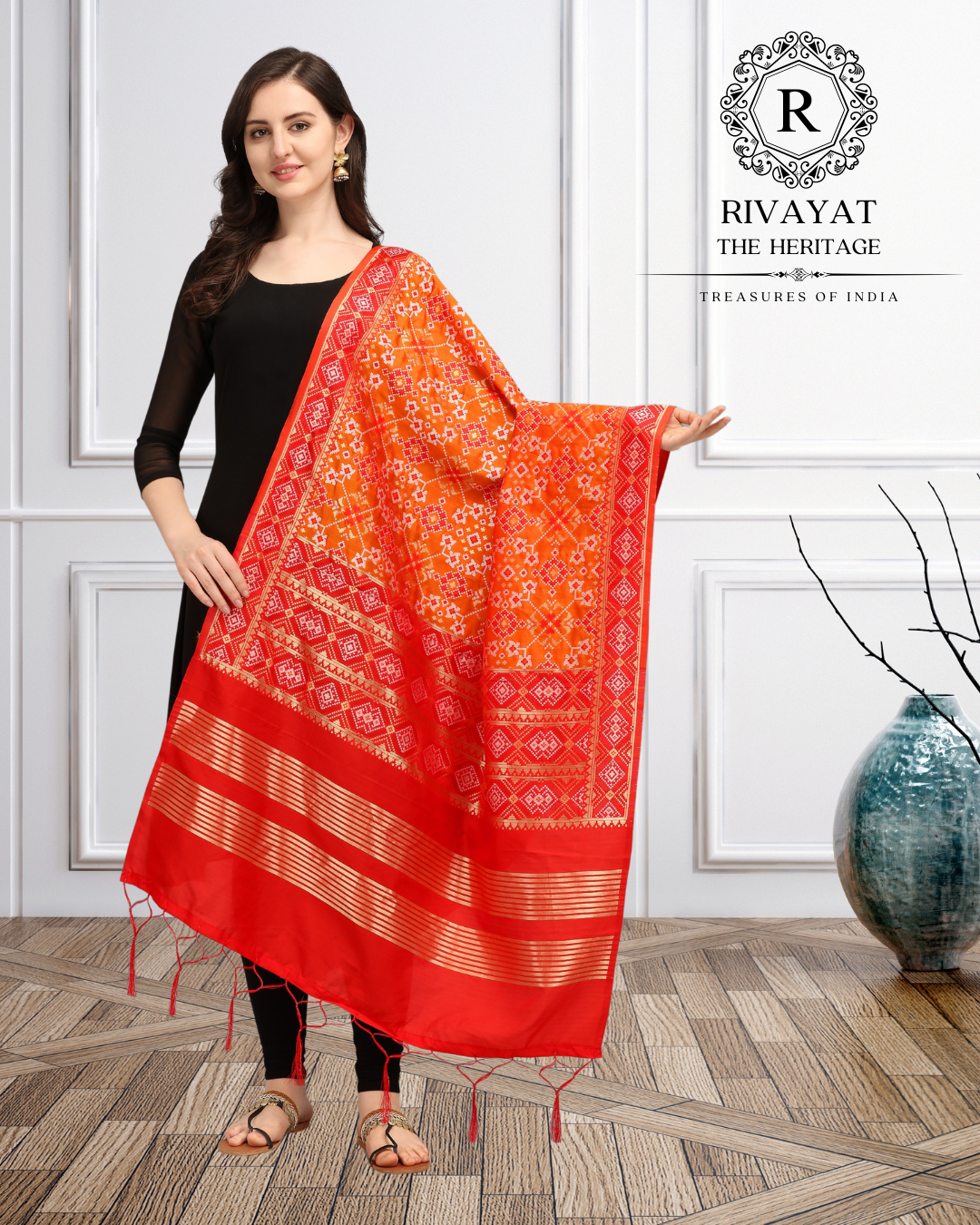 Navdurga Patola Dupatta - Red & Orange