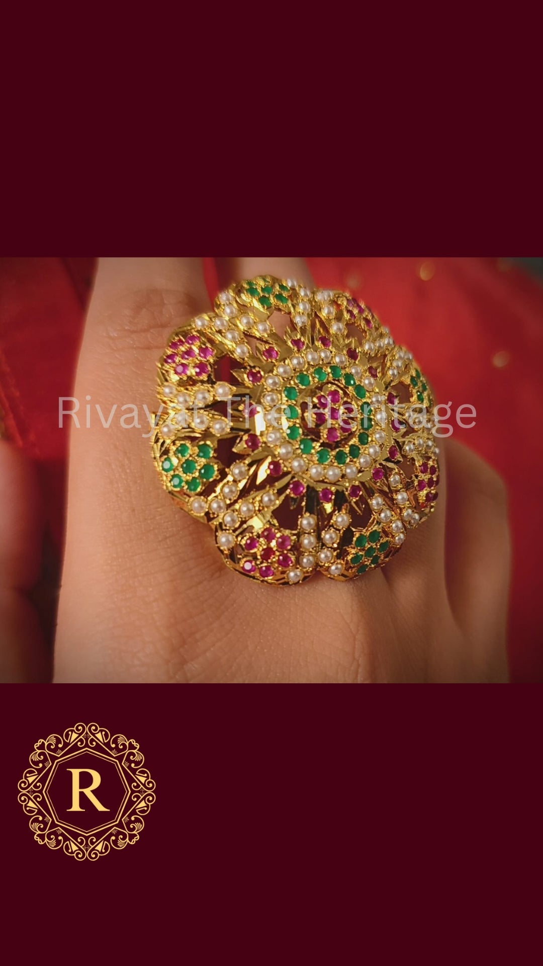 Manika Royal Jadau Gemstone Ring | Handcrafted 24K Gold Plated | Ruby Emerald Pearl | Authentic Indian Heritage Jewelry