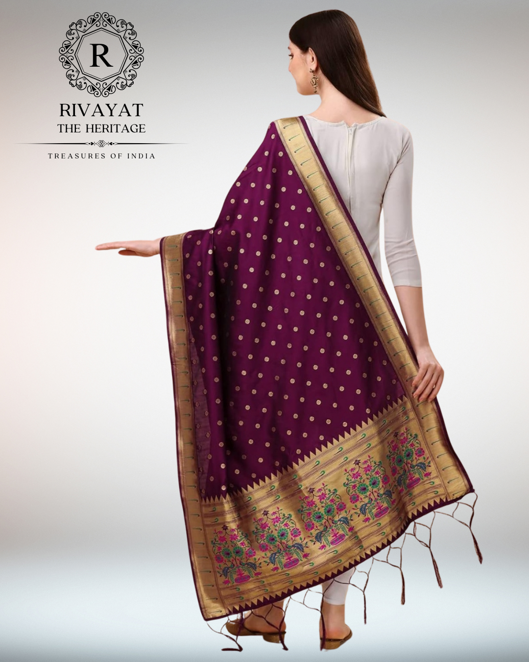 Navdurga - Wine Paithani Maharashtra Silk Dupatta