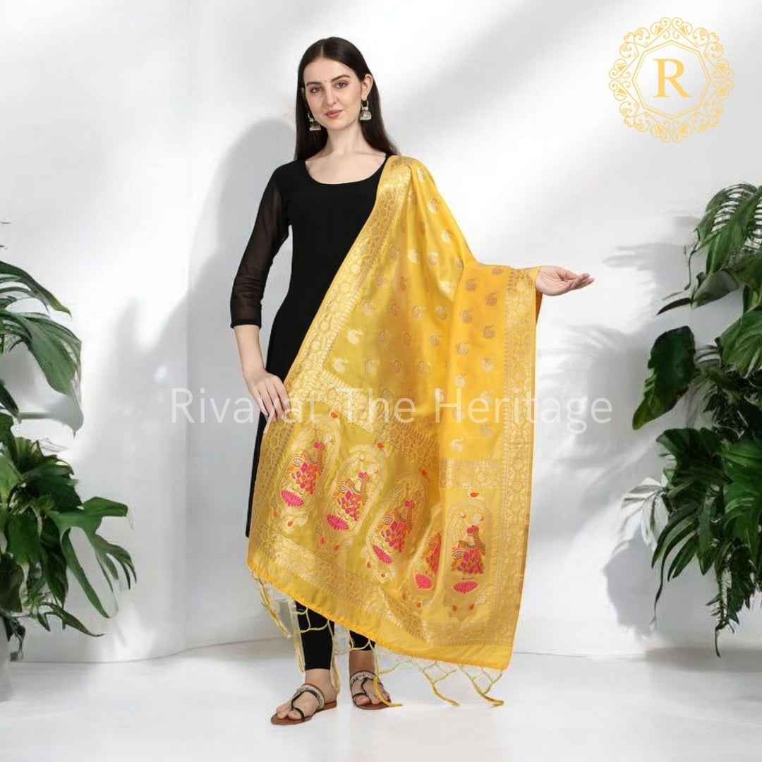 Banarasi Silk Paithani Dupatta - Golden Yellow Traditional Indian Scarf | Rivayat The Heritage