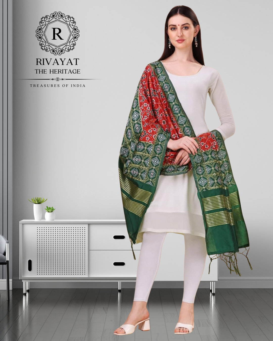Navdurga Patola Silk Dupatta - Green & Red