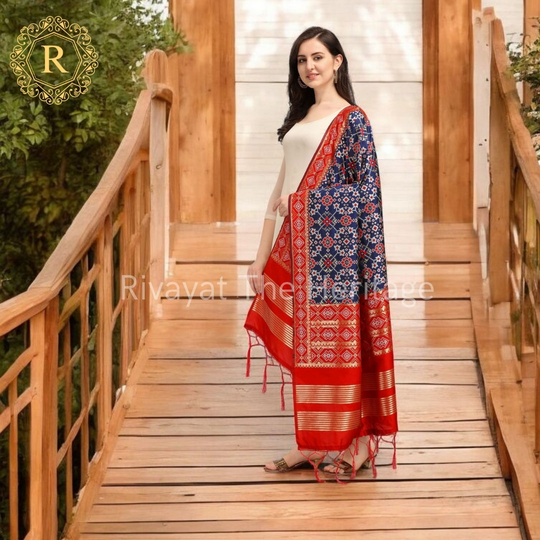 Banarasi Silk Patola Dupatta Ink Blue Red | Handwoven Traditional Indian Dupatta | Rivayat The Heritage