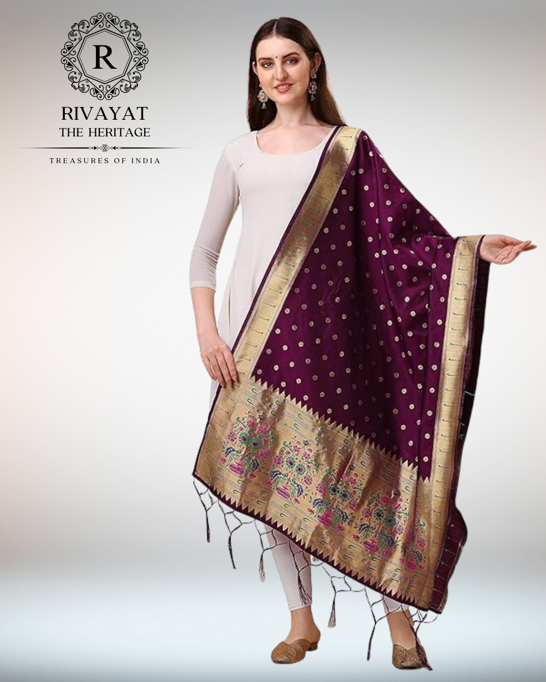 Navdurga - Wine Paithani Maharashtra Silk Dupatta