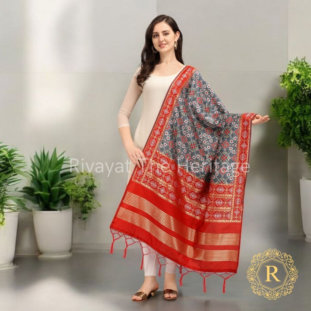 Authentic Banarasi Silk Patola Dupatta Gray Red - Handwoven Traditional Indian Scarf | Rivayat The Heritage