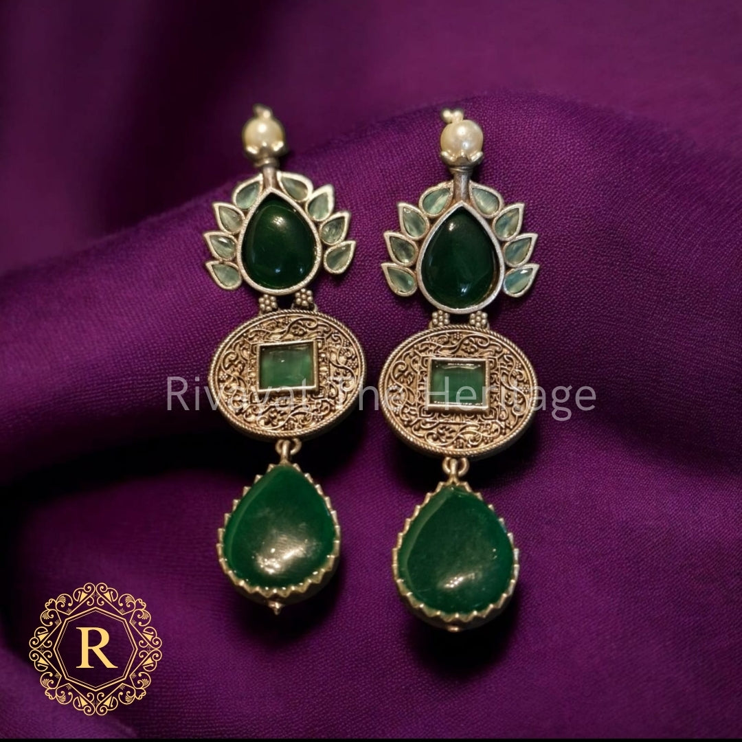 Vasudhara Handcrafted Oxidized Earrings – Deep Green Stone Elegance