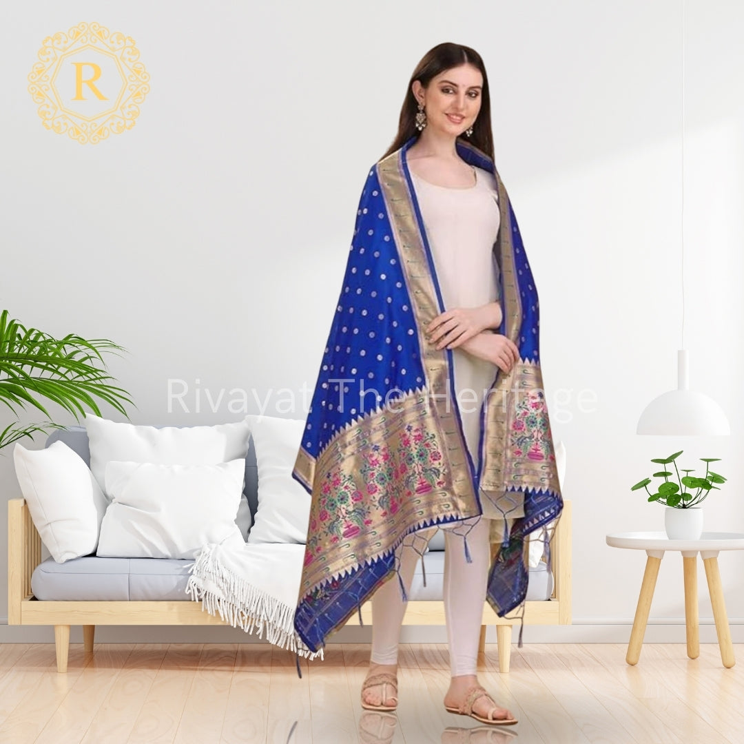 Banarasi Silk Paithani Dupatta in Ink Blue - Handwoven Traditional Indian Dupatta with Gold Border | Rivayat The Heritage