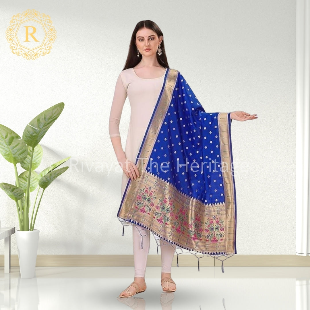 Banarasi Silk Paithani Dupatta in Ink Blue - Handwoven Traditional Indian Dupatta with Gold Border | Rivayat The Heritage