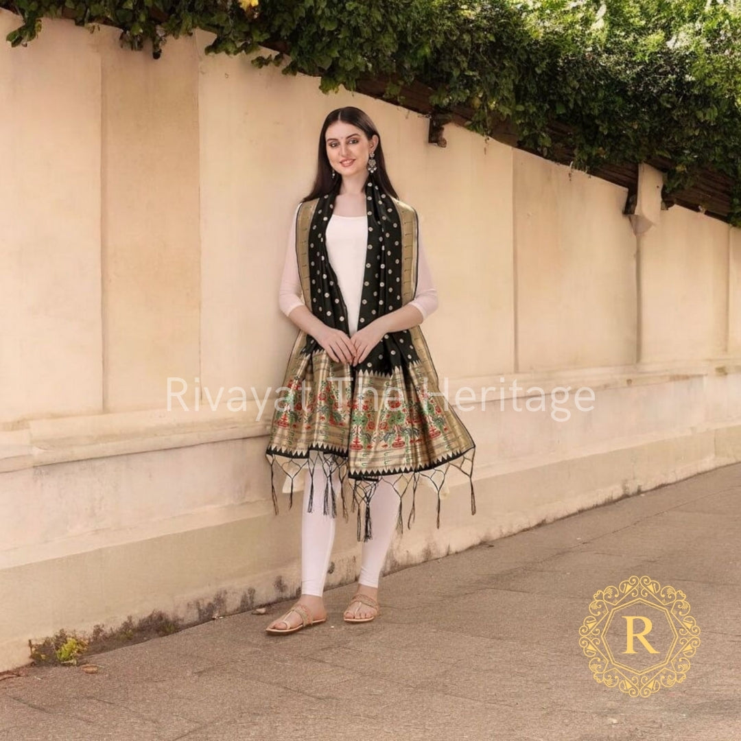 Authentic Banarasi Silk Paithani Dupatta in Black with Golden Border - Handwoven Traditional Indian Dupatta
