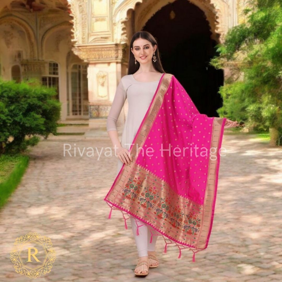 Navdurga - Pink Paithani Maharashtra Silk Dupatta | Handwoven Golden Motifs