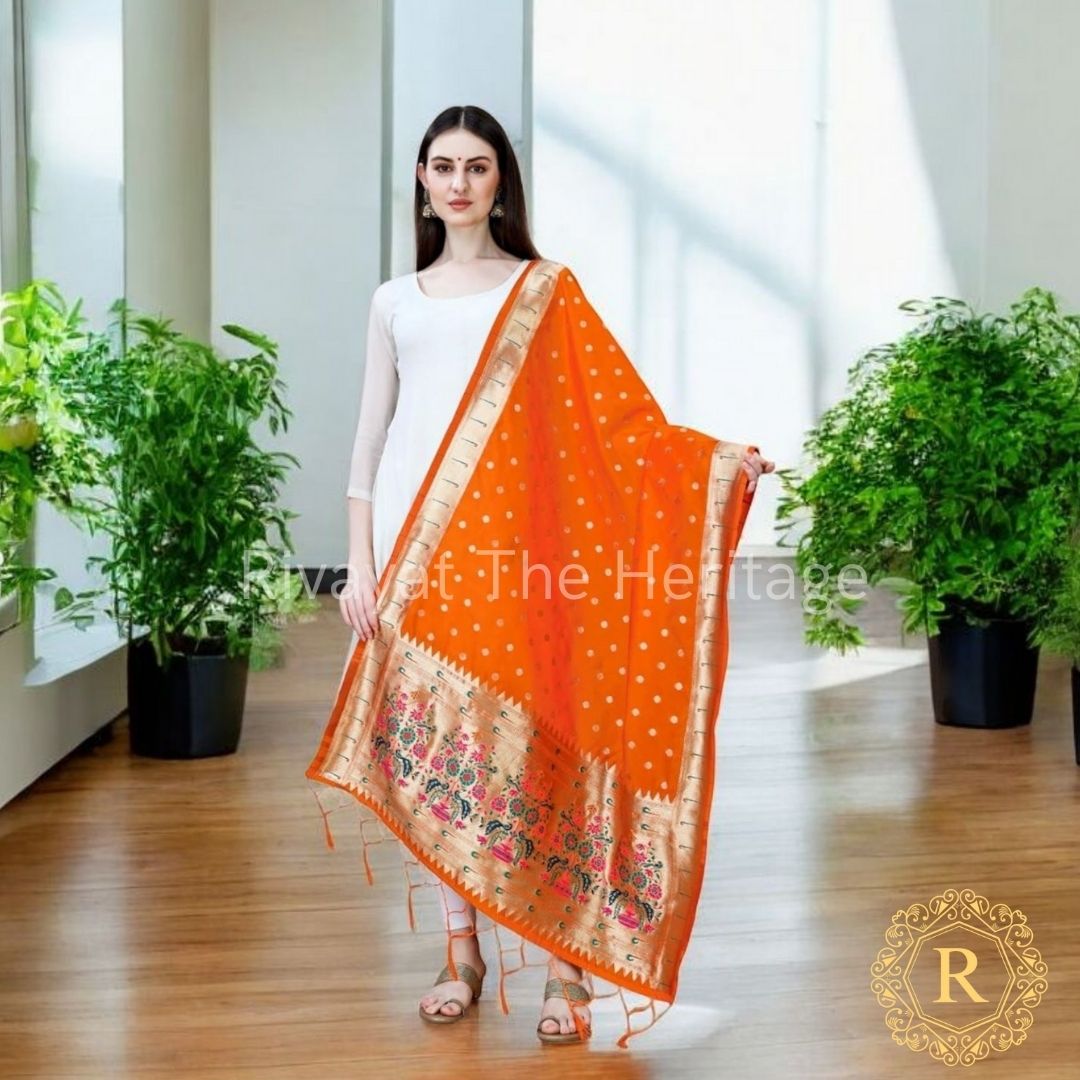Navdurga – Orange Paithani Maharashtra Silk Dupatta | Handwoven Golden Motifs