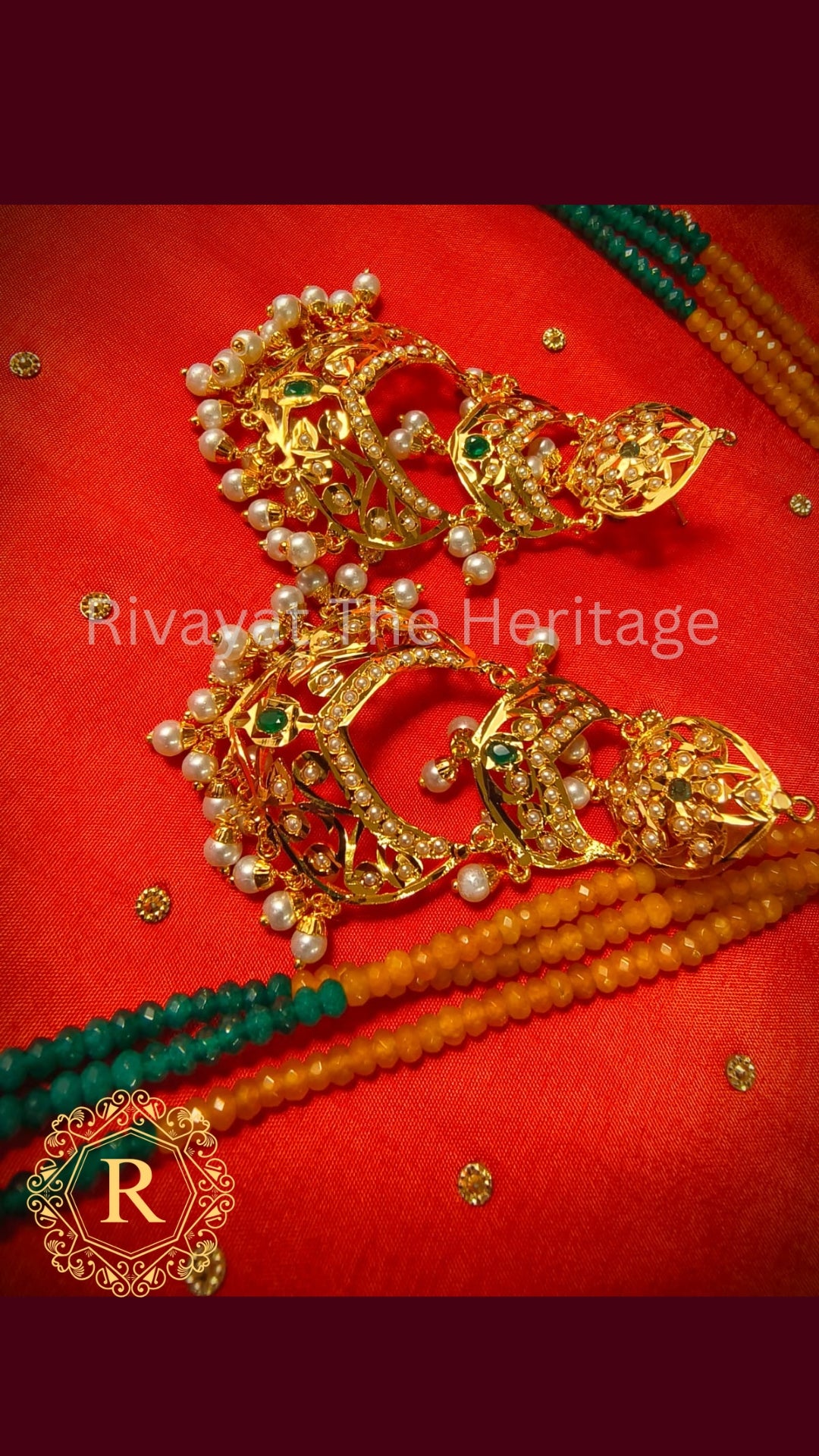 Manika 24K Gold Plated Jadau Chandbali Earrings | Ruby Emerald Pearl | Handcrafted Indian Bridal Jewelry