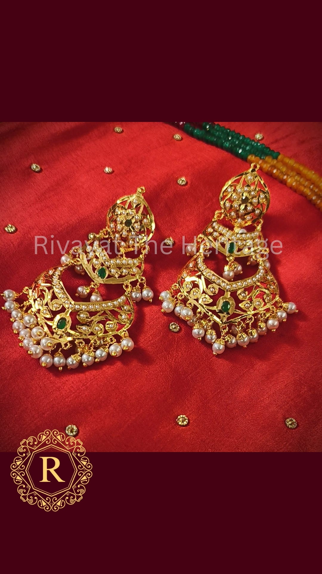 Manika 24K Gold Plated Jadau Chandbali Earrings | Ruby Emerald Pearl | Handcrafted Indian Bridal Jewelry