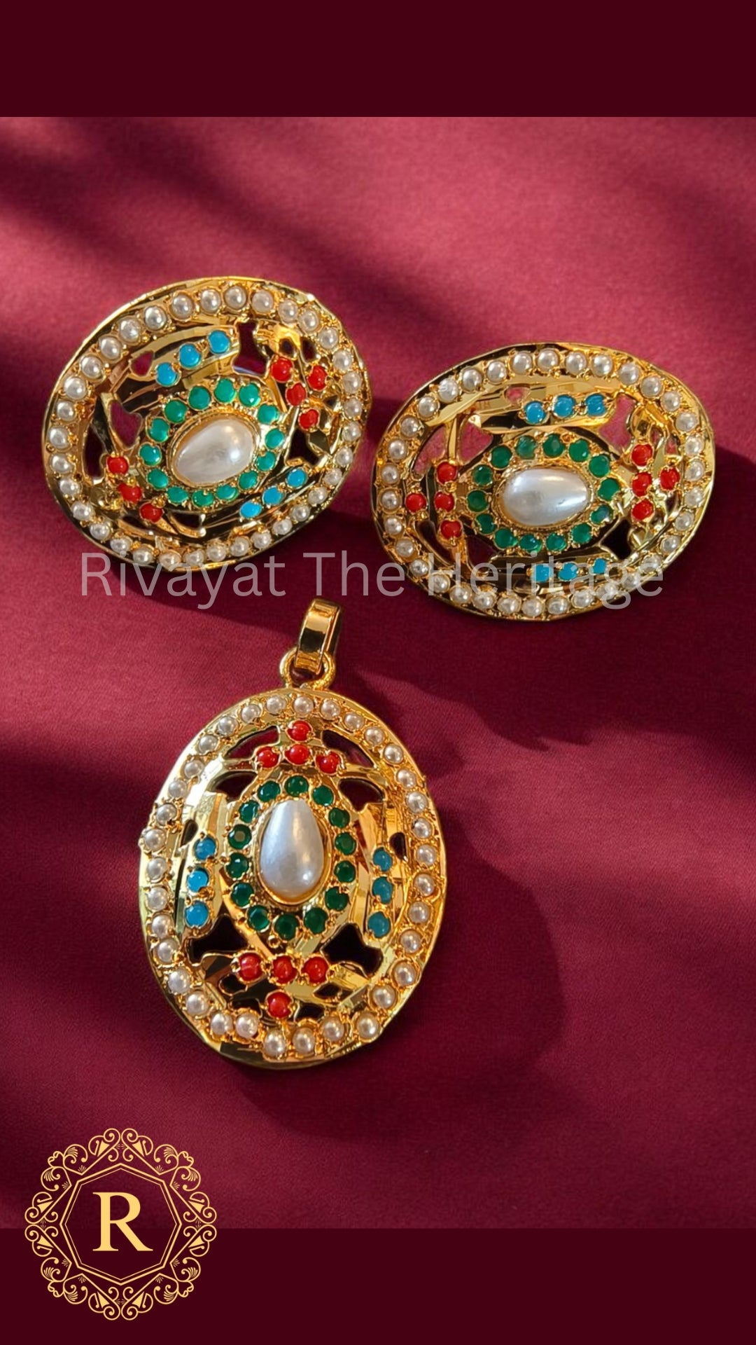 Manika 24K Gold Jadau Pendant Set - Ruby Emerald Pearl Design