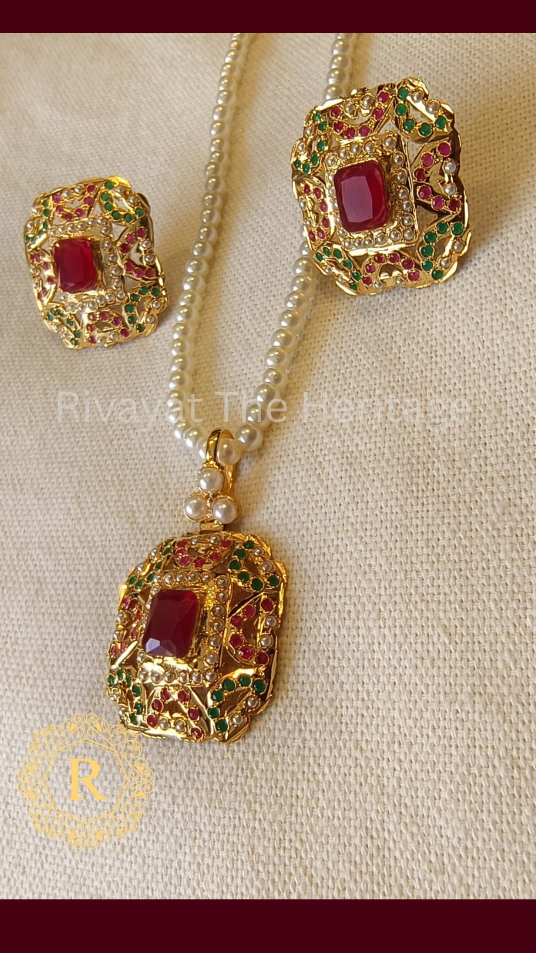 Royal Ruby Jadau Pendant Earring Set - Handcrafted 24K Gold Plated Heritage Jewelry