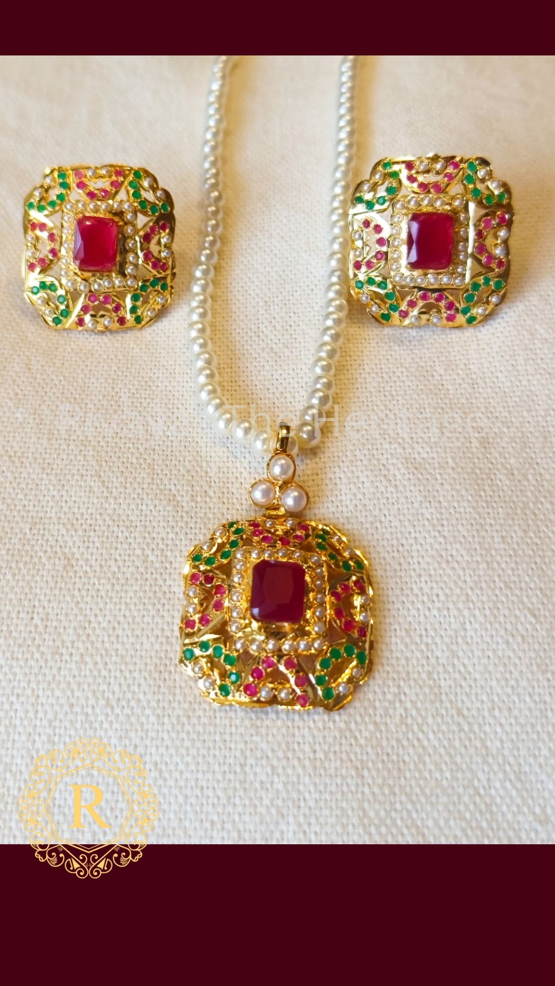 Royal Ruby Jadau Pendant Earring Set - Handcrafted 24K Gold Plated Heritage Jewelry