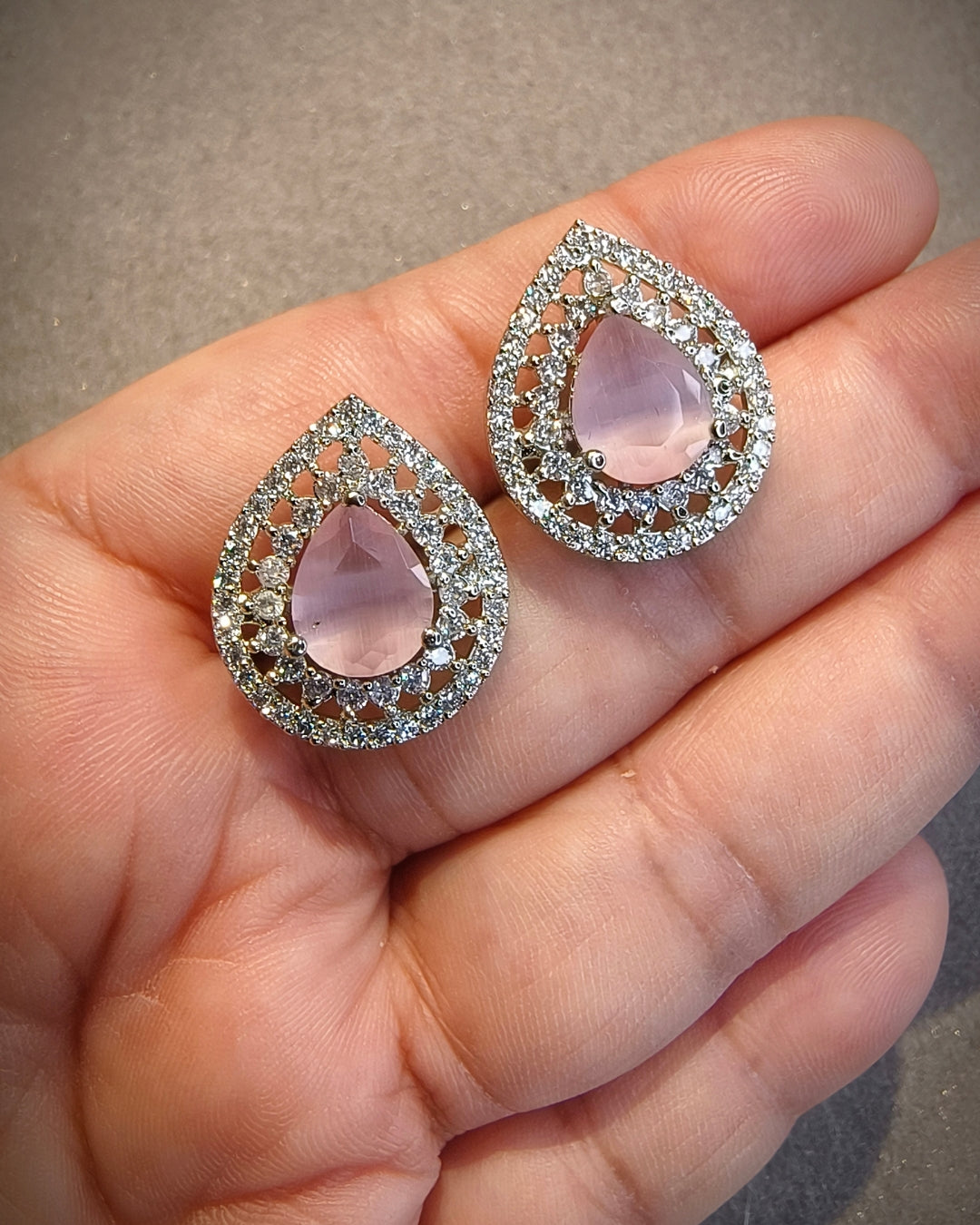 Pink stone zircon diamond teardrop earrings with silver-tone setting