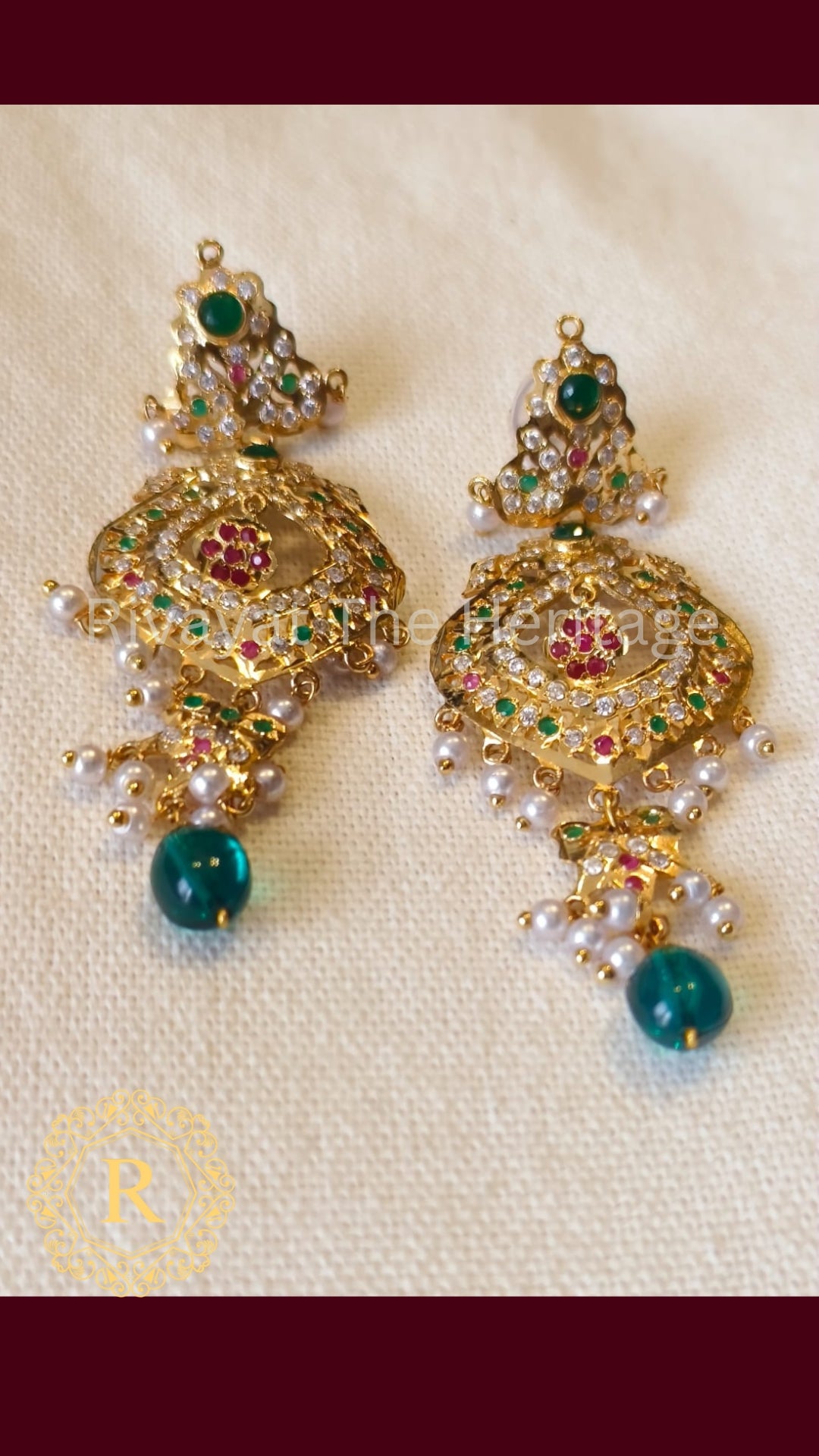 Manika Royal Emerald Jadau Chandbali Earrings | Handcrafted 24K Gold Plated Heritage Jewelry
