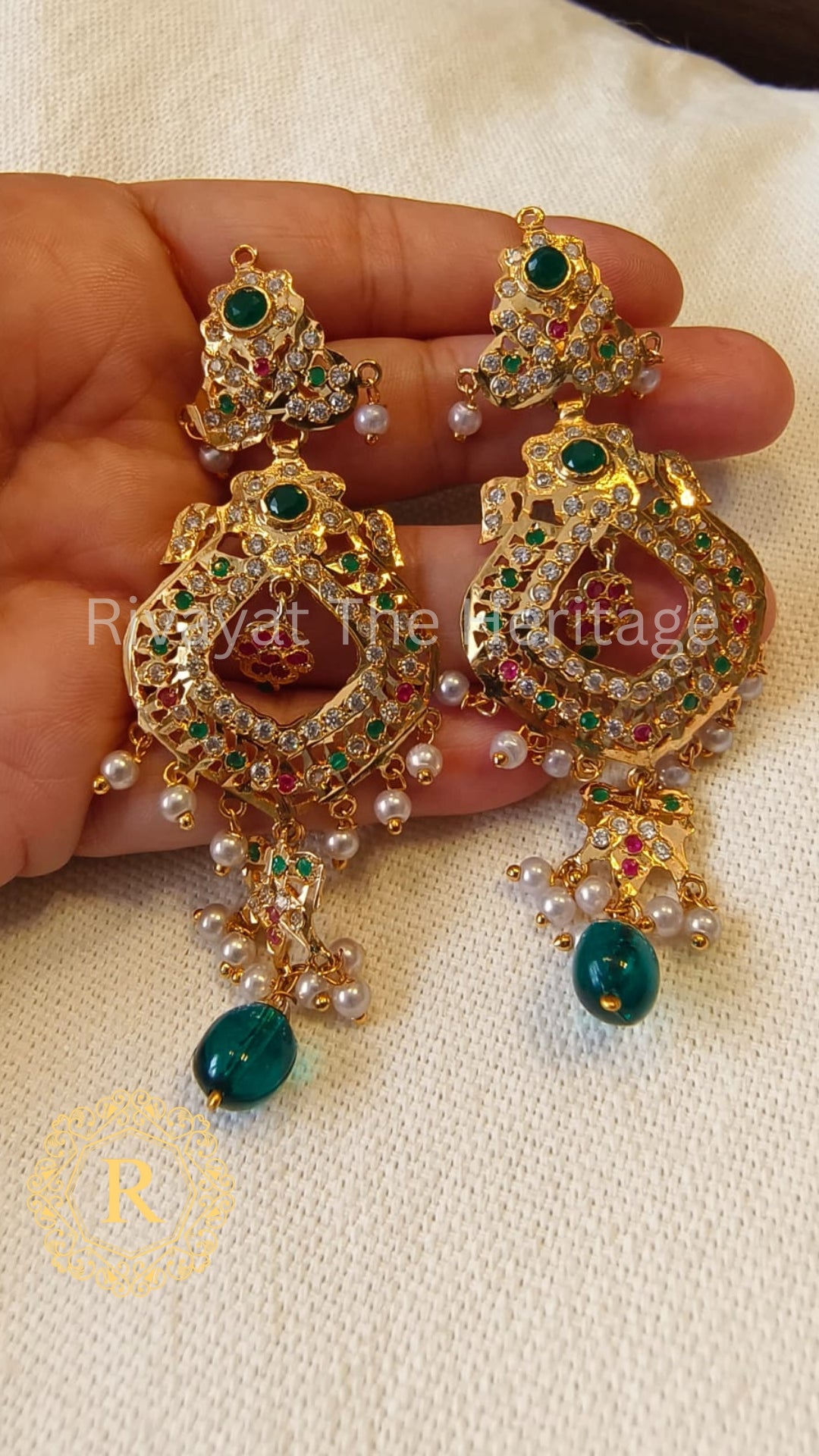 Manika Royal Emerald Jadau Chandbali Earrings | Handcrafted 24K Gold Plated Heritage Jewelry