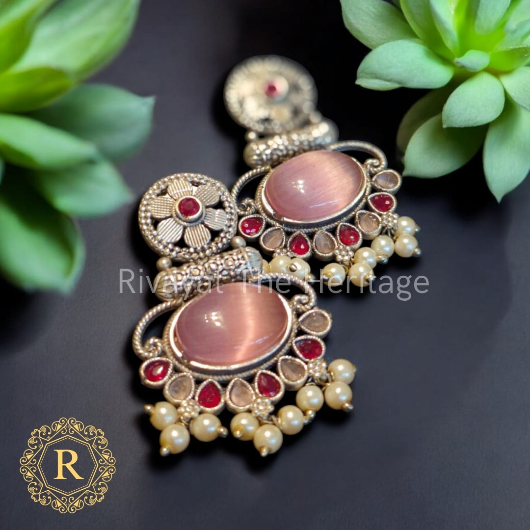 Gulratan Oxidized Earrings – Pink Stone & Ruby Red Enamel Drops with Pearl Detailing