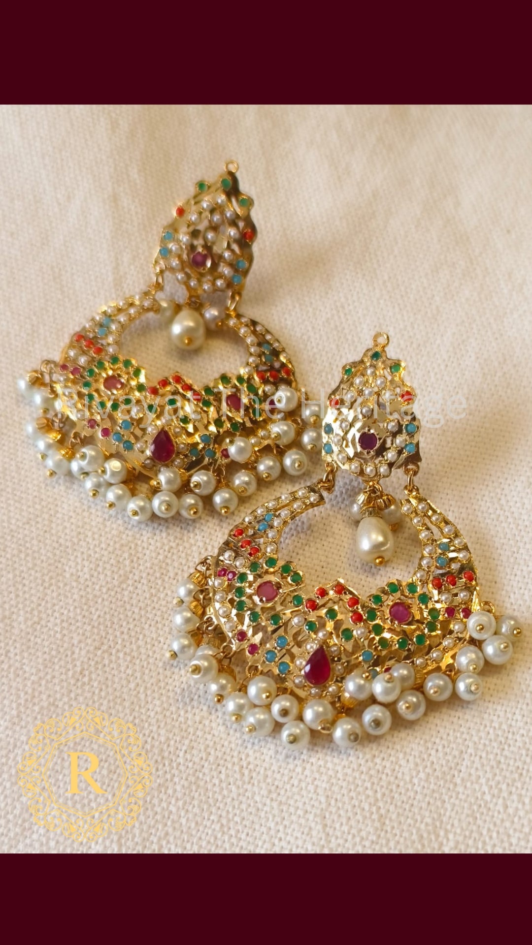 Manika Premium Jadau Chandbali Earrings | Ruby Emerald Pearl | 24K Gold Plated Handcrafted Masterpiece