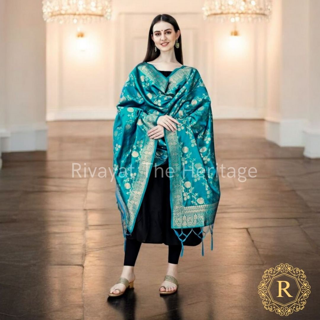 Navdurga – Turquoise Banarasi Silk Dupatta | Elegant Zari Detailing