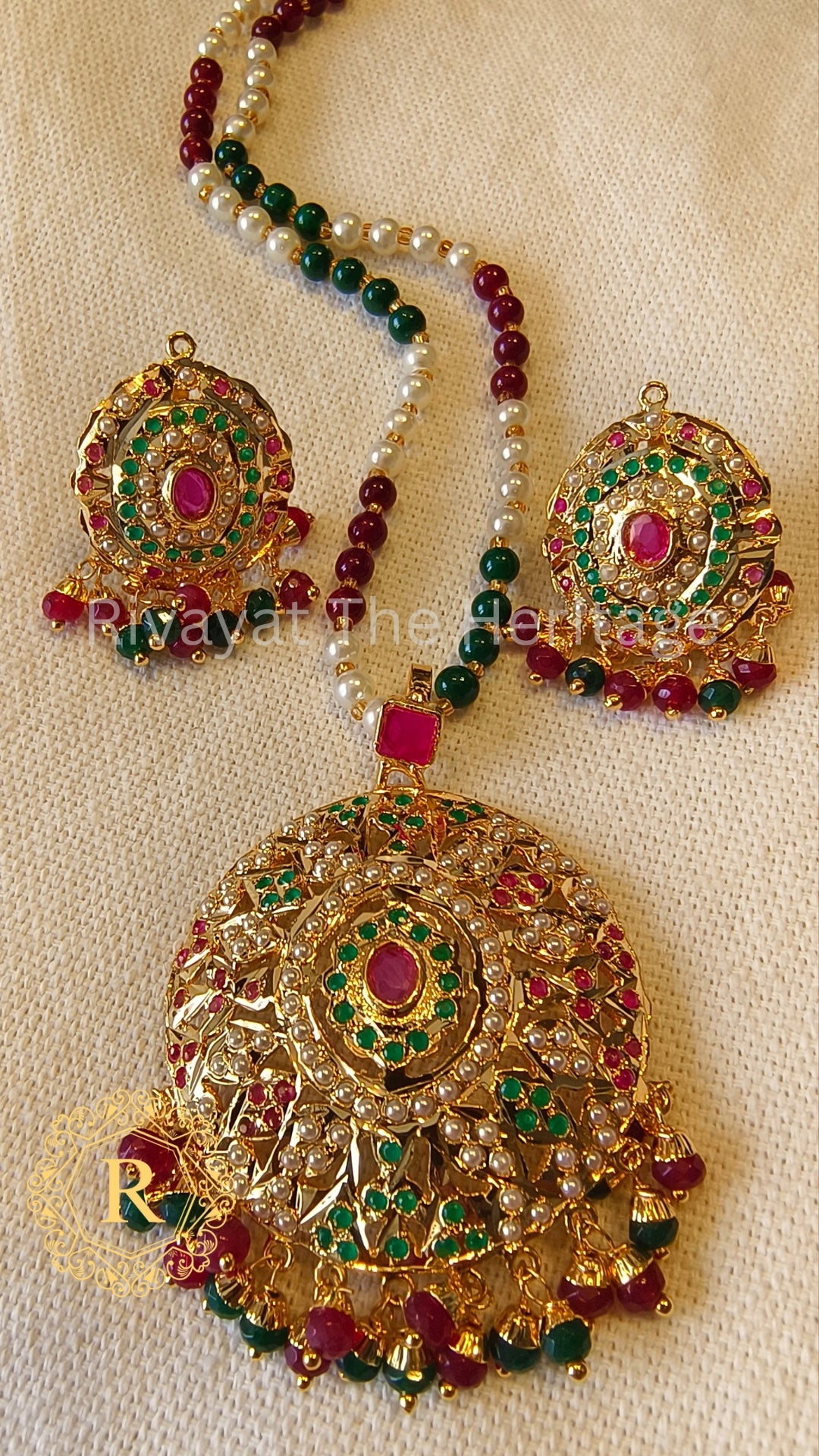 Manika Royal Ruby Emerald Jadau Set with Original Onyx Stone Necklace | 24K Gold Plated Bridal Jewelry | Rivayat Heritage