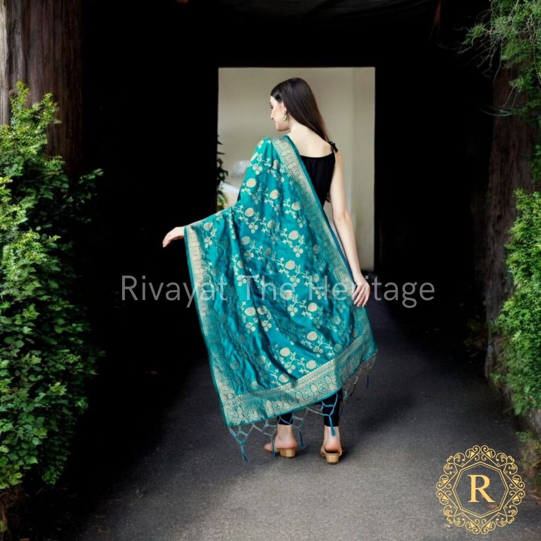 Navdurga – Turquoise Banarasi Silk Dupatta | Elegant Zari Detailing