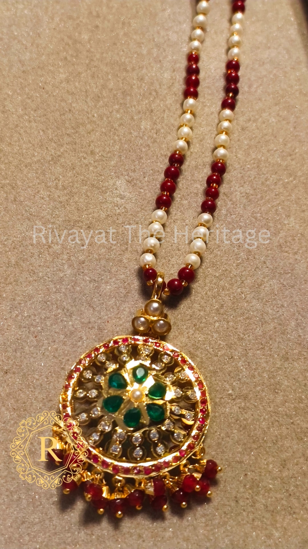 Manika Royal Emerald Ruby Jadau Set | Handcrafted 24K Gold Plated Pendant & Earrings | Rivayat Heritage