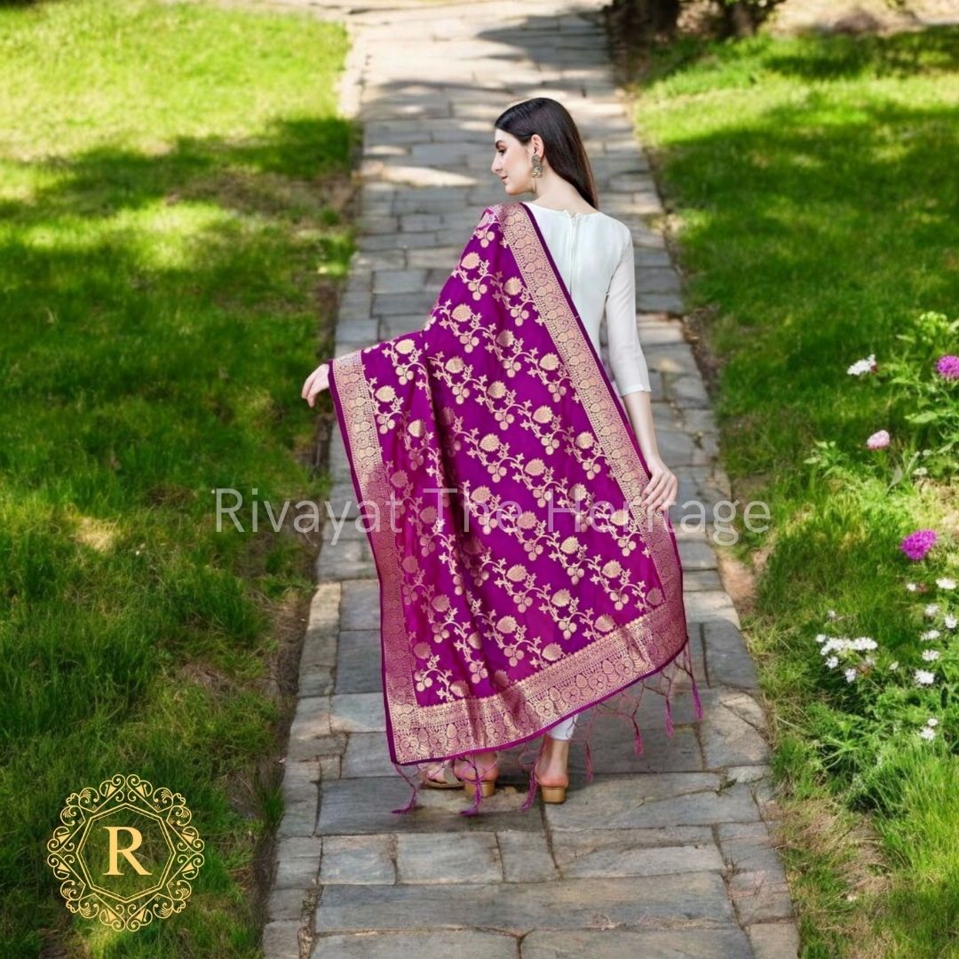 Navdurga – Wine Banarasi Silk Dupatta | Rich Zari Floral Elegance