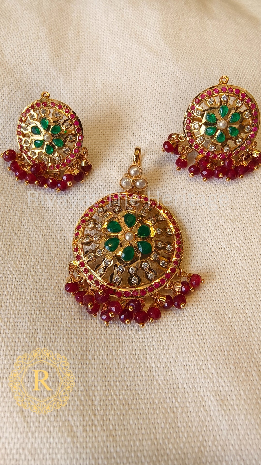 Manika Royal Emerald Ruby Jadau Set | Handcrafted 24K Gold Plated Pendant & Earrings | Rivayat Heritage