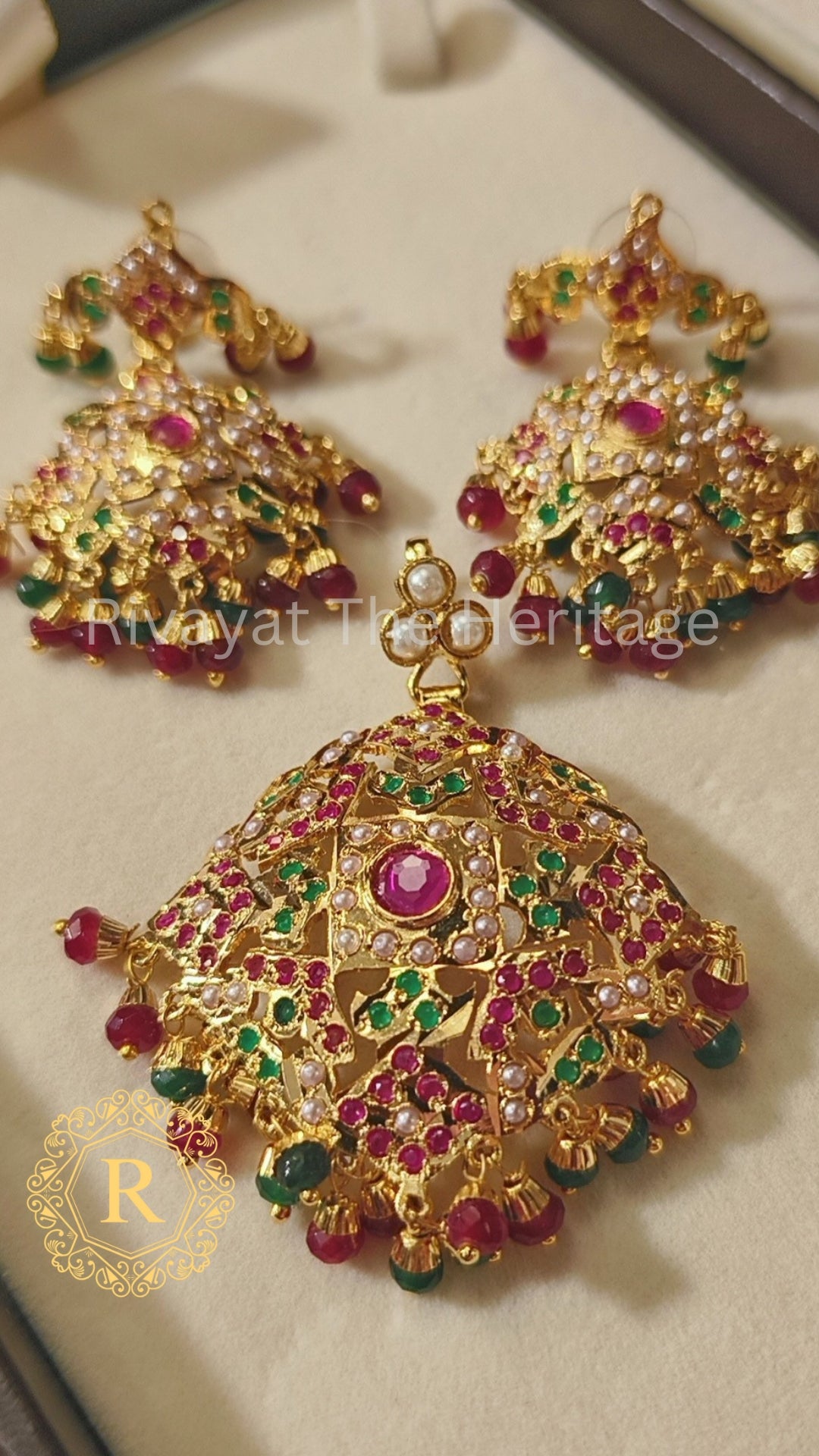 Manika Royal Ruby Emerald Jadau Pendant Set | Handcrafted 24K Gold Plated Indian Jewelry