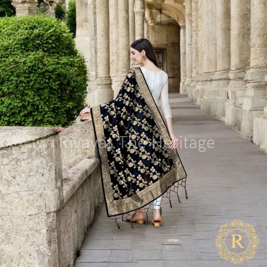 Black Banarasi Silk Dupatta with Golden Zari Work - Navdurga Collection