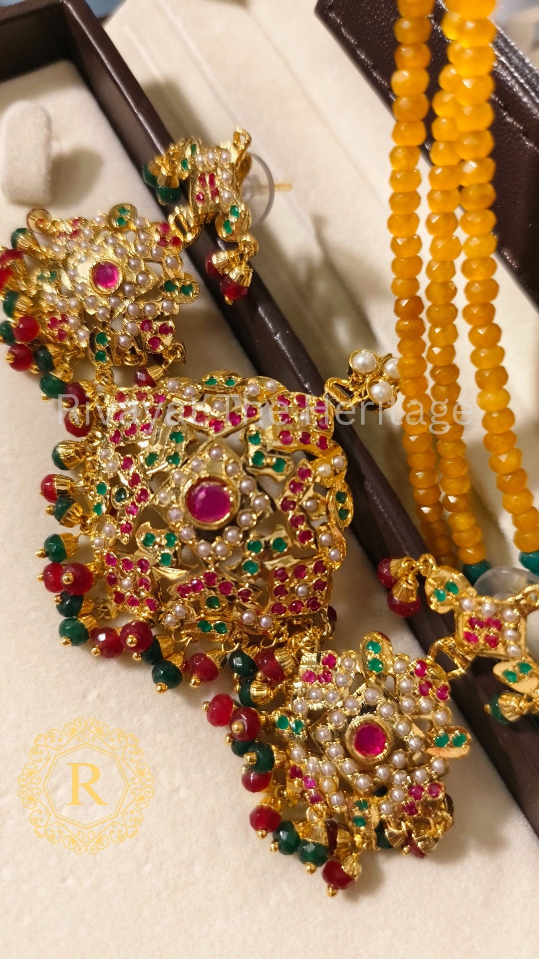 Manika Royal Ruby Emerald Jadau Pendant Set | Handcrafted 24K Gold Plated Indian Jewelry