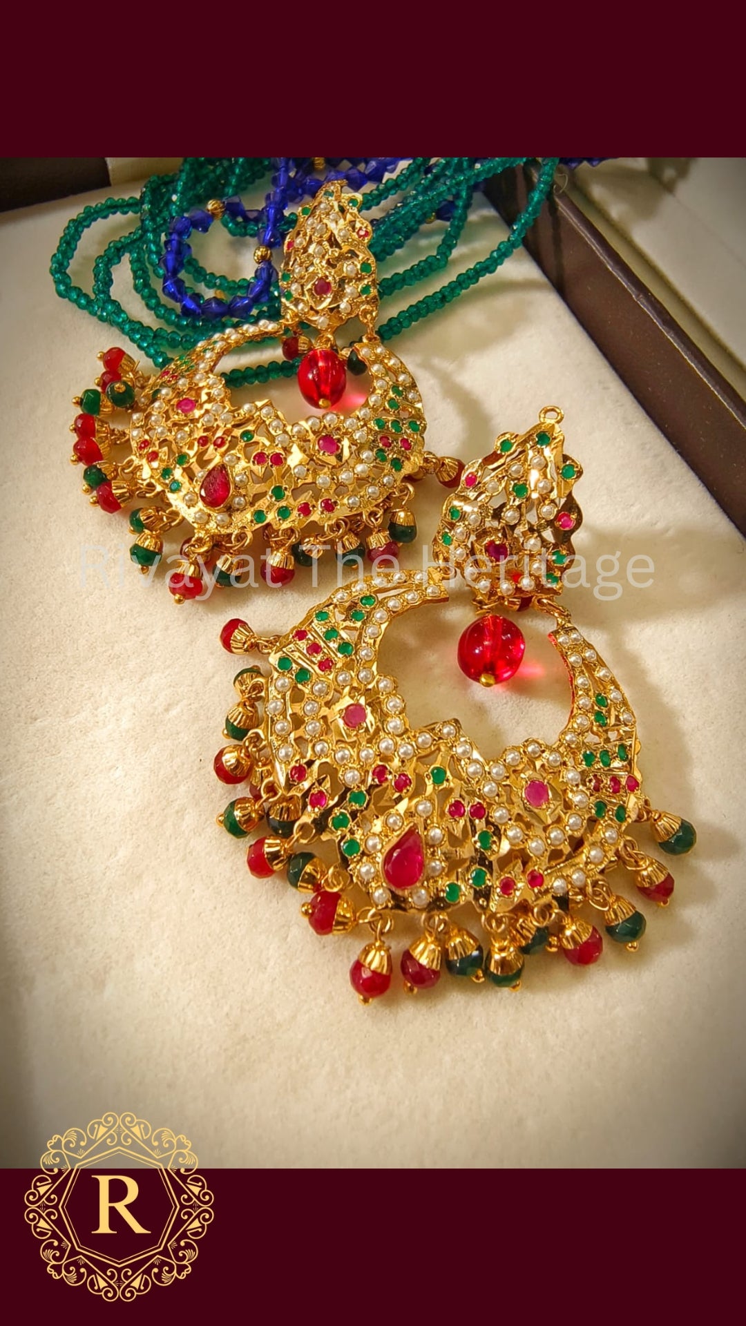 Manika Royal Jadau Chandbali Earrings - 24K Gold Plated Ruby Emerald Pearl Set