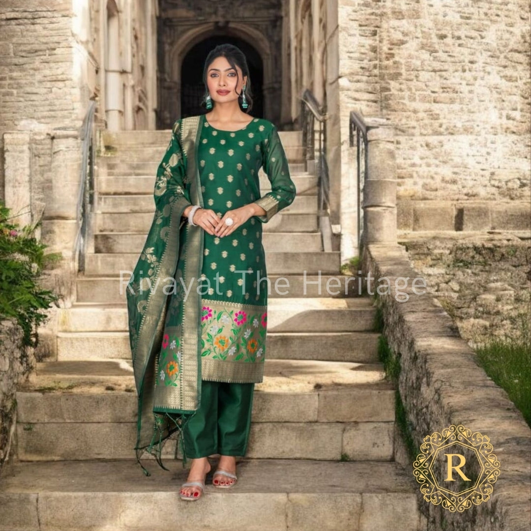 Banarasi Silk Unstitched Suit Set - Green Floral Embroidered 3 Piece Salwar Kameez Material with Dupatta
