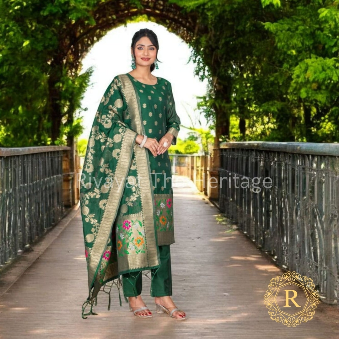Banarasi Silk Unstitched Suit Set - Green Floral Embroidered 3 Piece Salwar Kameez Material with Dupatta