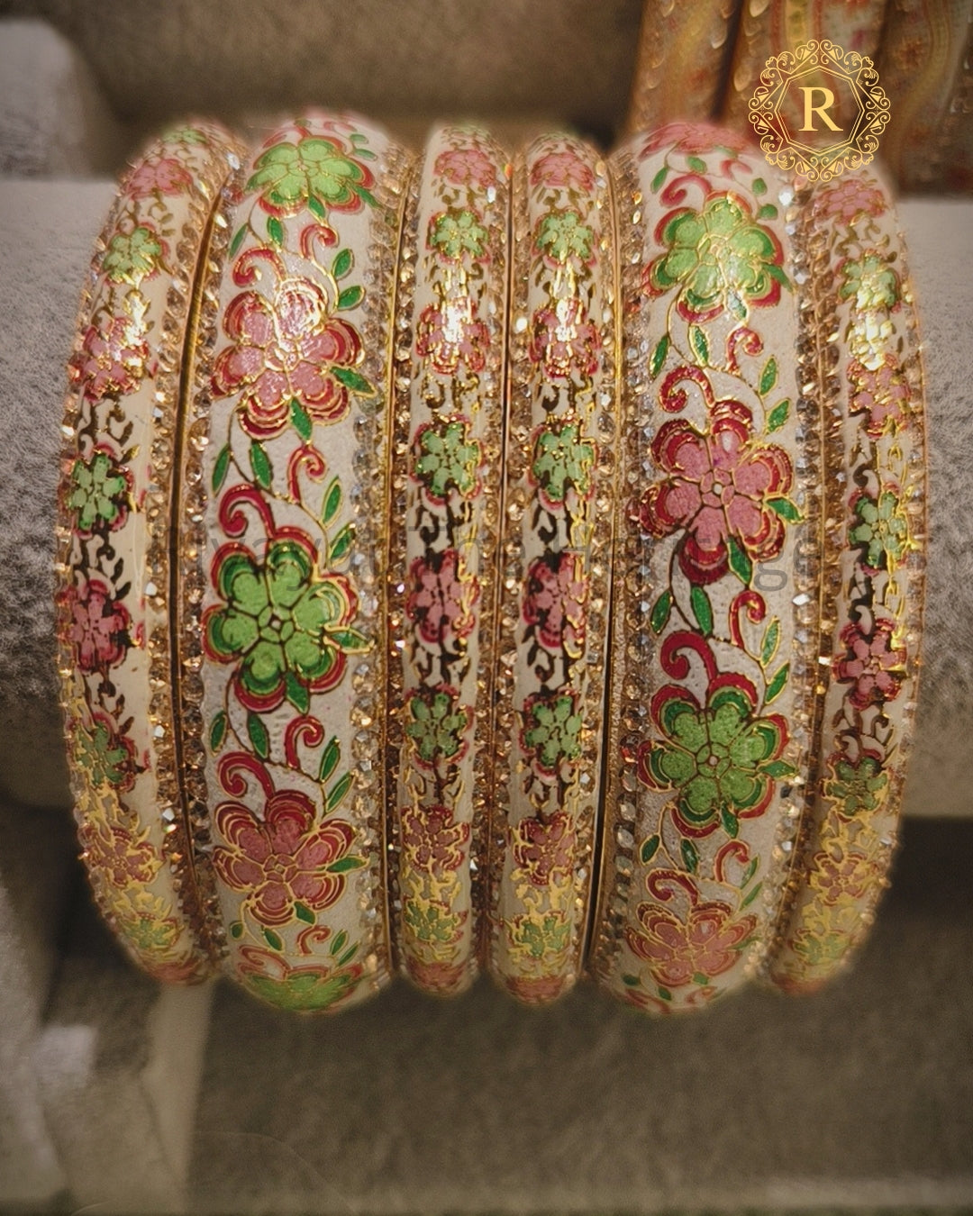 Set of handcrafted white Meenakari bangles with floral enamel work, Rivayat Heritage