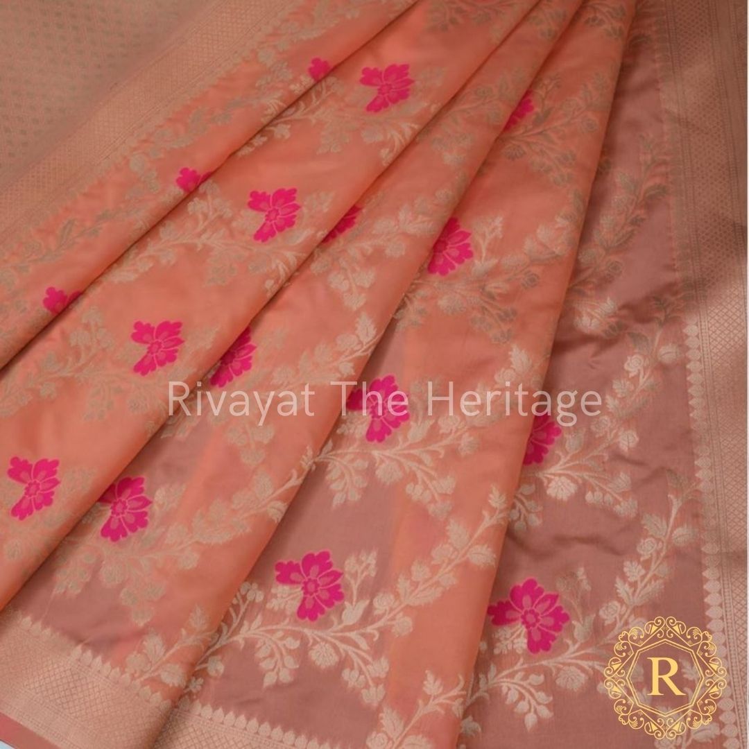Floral Banarasi Peach Dupatta with Pink Motifs - Navdurga Collection