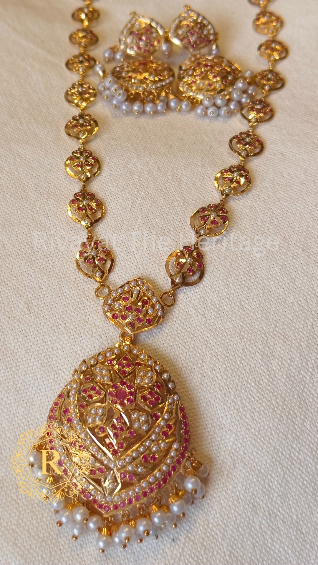 Majestic Ruby Pearl Jadau Rani Haar Set | Handcrafted 24K Gold Plated Bridal Jewelry | Rivayat Heritage