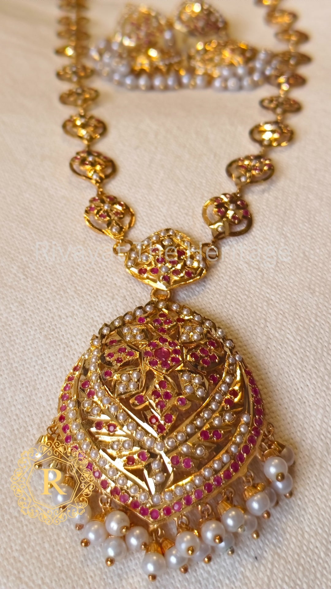 Majestic Ruby Pearl Jadau Rani Haar Set | Handcrafted 24K Gold Plated Bridal Jewelry | Rivayat Heritage