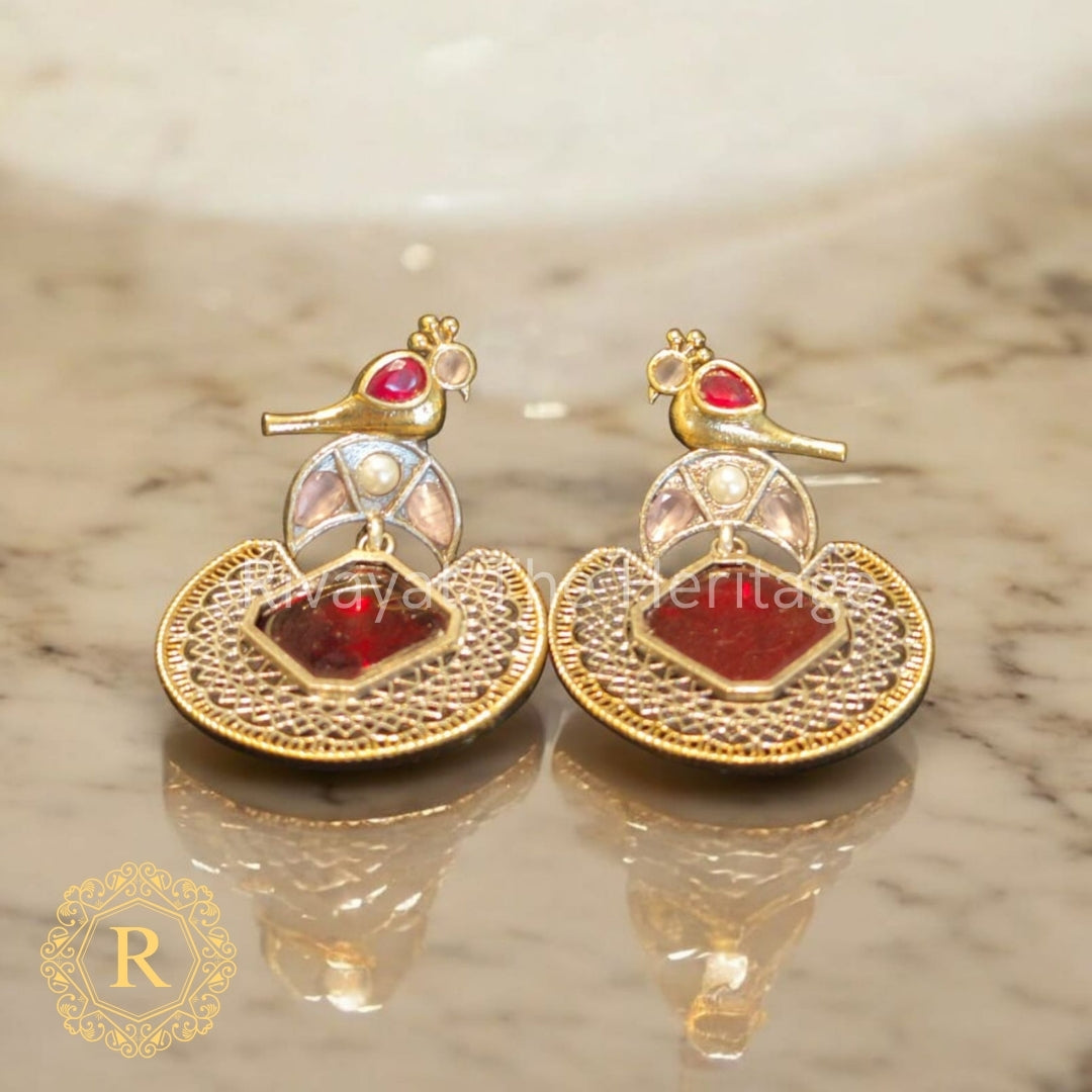 Chandpakshi Baali – Gold-Finish Earrings with Bird Motif & Red Kundan Center
