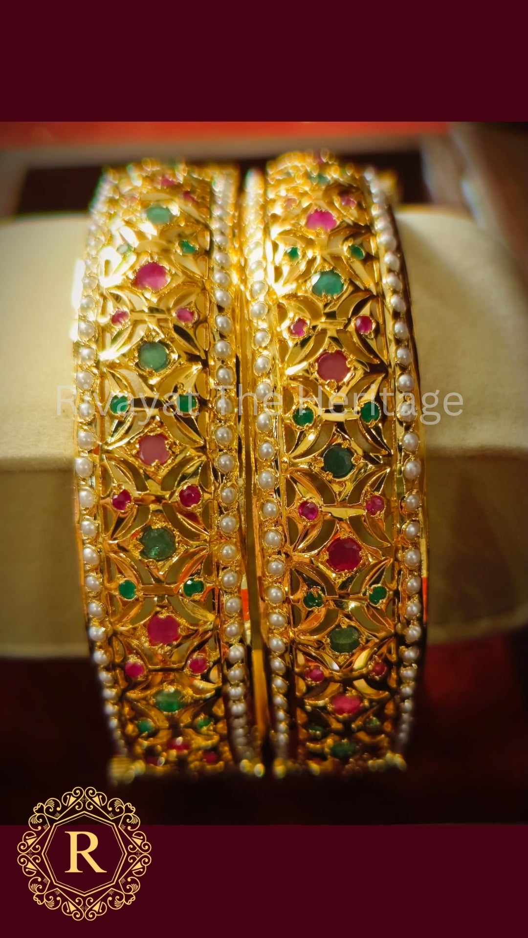 Manika 24K Gold Plated Jadau Kada with Ruby Emerald Pearls