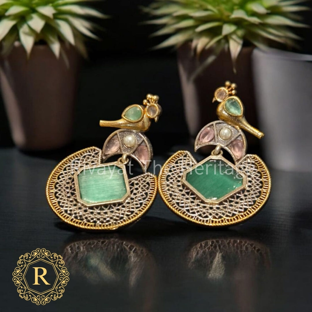 Chandpakshi Baali – Gold-Finish Earrings with Bird Motif & Green Kundan Center
