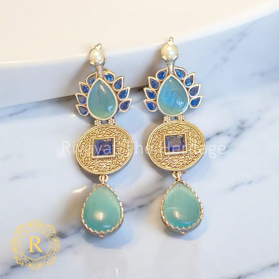 Neelpushpa Jhumka – Blue & Teal Drop Earrings with Antique Gold Engraving