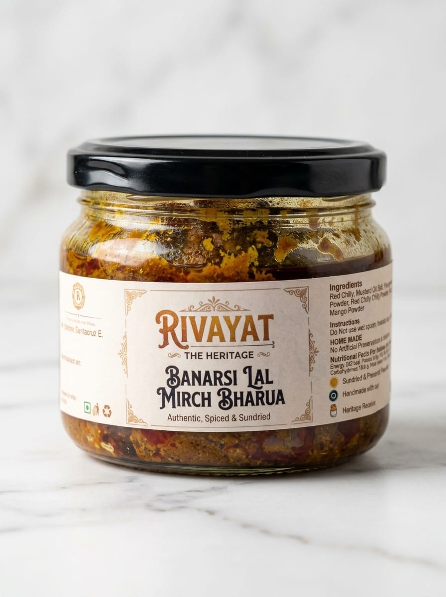 Rivayat Banarasi Lal Mirch Bharua stuffed red chilli pickle in glass jar with black lid