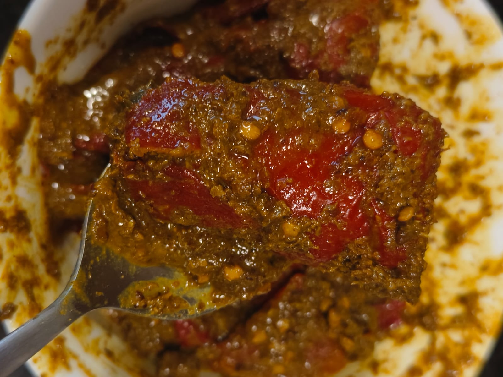 Close-up of Banarasi Lal Mirch Bharua showing sundried red chilli stuffed with mustard masala