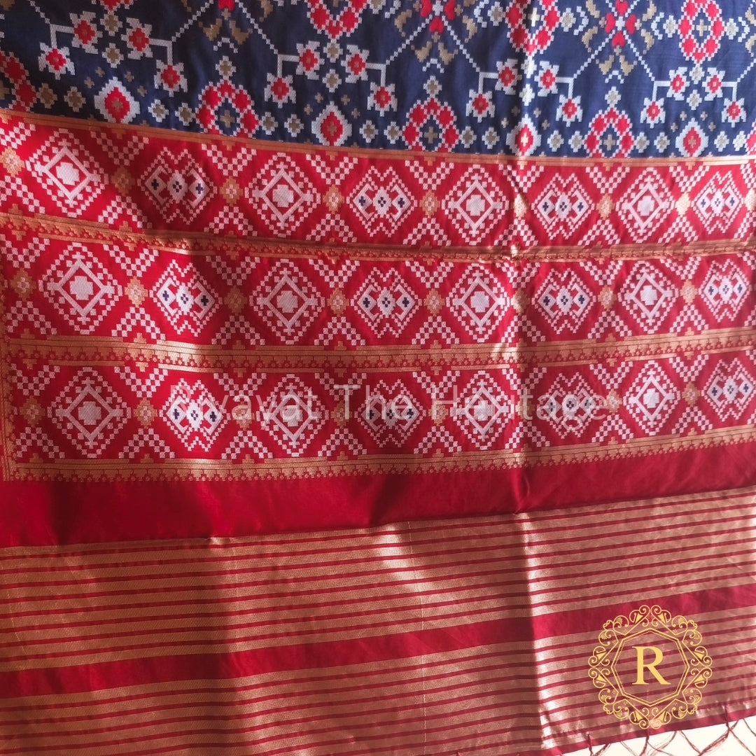 Banarasi Silk Patola Dupatta Ink Blue Red | Handwoven Traditional Indian Dupatta | Rivayat The Heritage